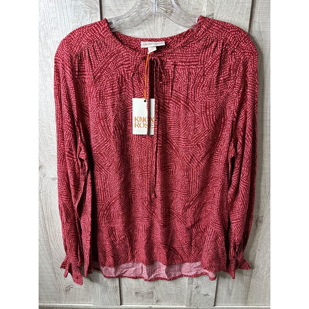 Knox Rose Womens Red Patterned Long Sleeve Blouse S 100% Rayon